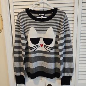 Karl Lagerfeld Gray Striped Cat Intarsia Sweater